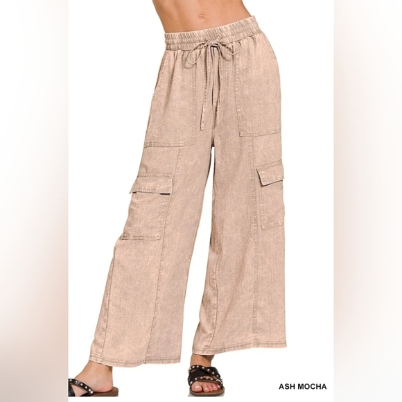 Ash Mocha Wide-Leg Cargo Pants | Linen Blend | L (8-10) - Picture 3 of 3